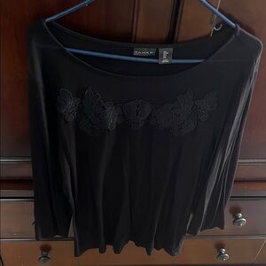 T Tahari Black Blouse with Floral Embroidery